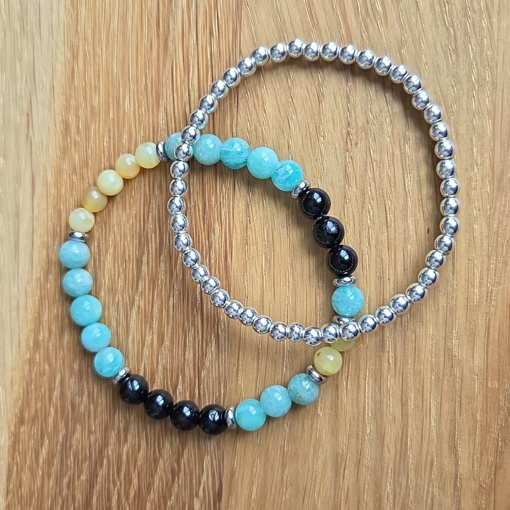 Amazonite, Yellow Opal, Silver Hematite Bead Bracelet Set, Stretch, Hand Crafted - Picture 6 of 11